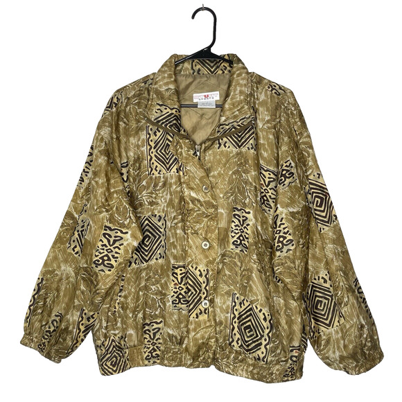 Vtg 80s Womens Jacket L 100% Silk Button Front Retro Tribal Pattern Patchwork - Picture 1 of 8